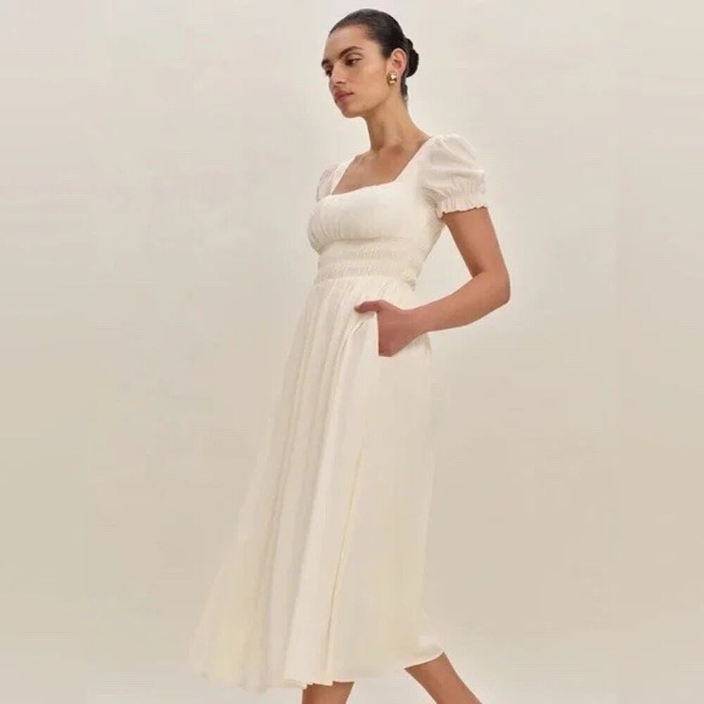 Reformation Miel Dress Ivory Puff Sleeve Smocked Midi Cottagecore Size 2 - Picture 2 of 10